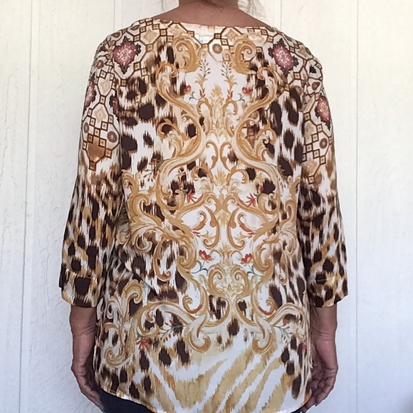 CHICOS SCROLL PATTERNED GOLD EMBELLISHED SILKY TUNIC SMALL - Picture 7 of 16